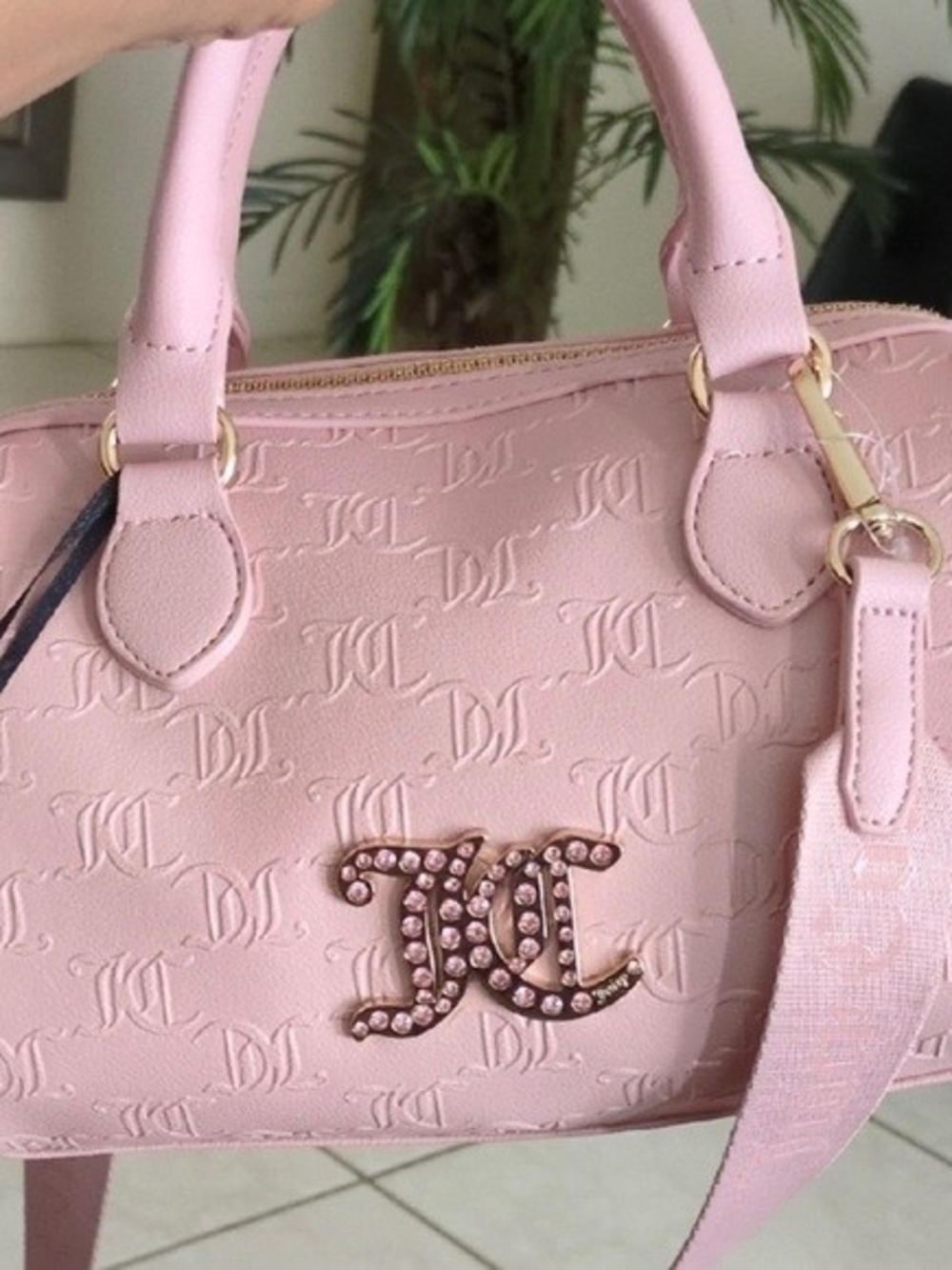 Pink Embossed Satchel Handbag with Crystal Logo